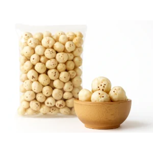 A bag and bowl of 4 Soota Raw Makhana, displaying premium puffed lotus seeds with natural texture and uniform size for bulk buyers and food processors.