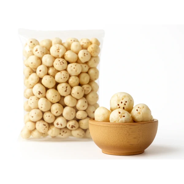 A bag and bowl of 4 Soota Raw Makhana, displaying premium puffed lotus seeds with natural texture and uniform size for bulk buyers and food processors.