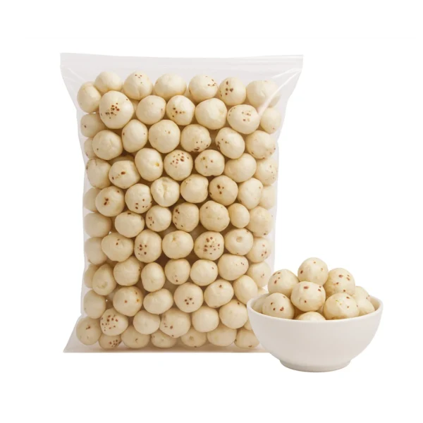 premium 6 Suta Raw Fool Makhana, with a bowl of puffed lotus seeds in the foreground, highlighting size and quality.