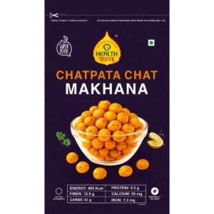 Front pouch image of Chatpata Chat Makhana showing spicy roasted fox nuts in a bowl with nutritional highlights