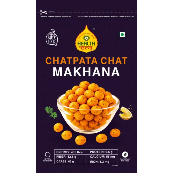 Front pouch image of Chatpata Chat Makhana showing spicy roasted fox nuts in a bowl with nutritional highlights