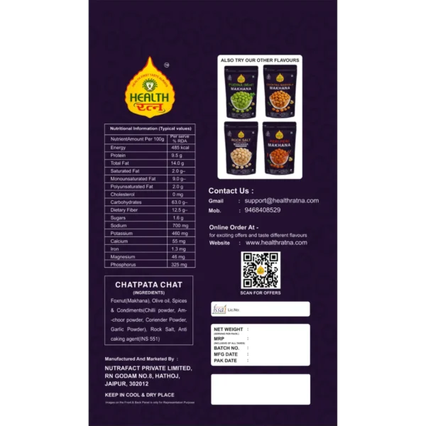 Nutritional details and product information for Health Ratna Chatpata Chat Roasted Makhana, featuring ingredients, serving size, and contact details.