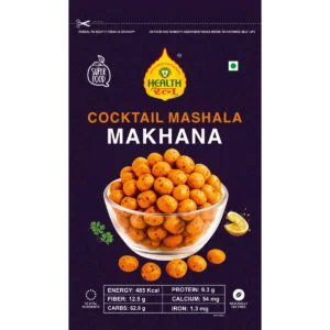 A package of Health brand Cocktail Masala Roasted Makhana, featuring a bowl of seasoned fox nuts with nutritional details and branding.