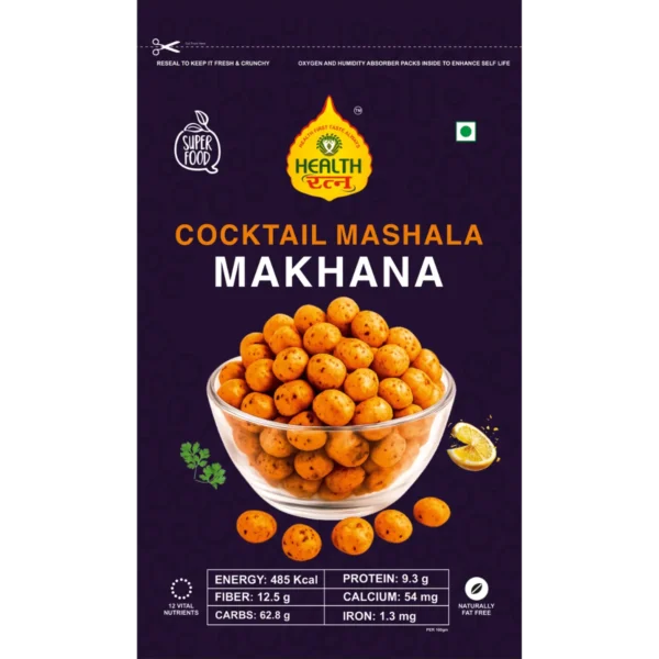 A package of Health brand Cocktail Masala Roasted Makhana, featuring a bowl of seasoned fox nuts with nutritional details and branding.