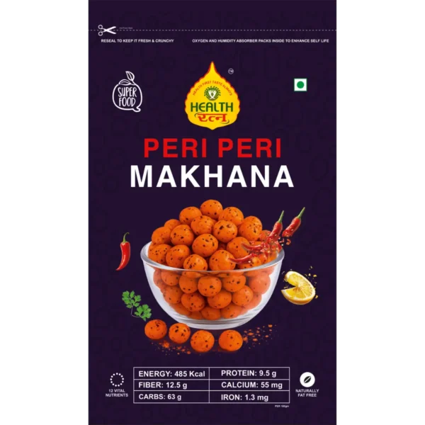 Peri Peri Roasted Makhana with fresh spices and vibrant packaging.