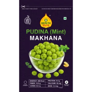 Pudina (Mint) Roasted Makhana packaging featuring nutritional details, ingredients, and refreshing mint flavor