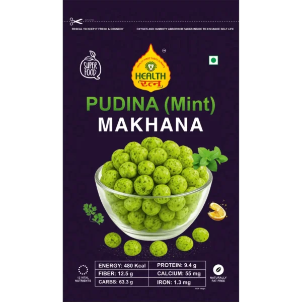 Pudina (Mint) Roasted Makhana packaging featuring nutritional details, ingredients, and refreshing mint flavor