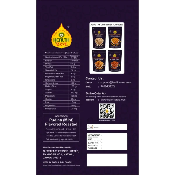 Health Ratna Pudina (Mint) Roasted Makhana packaging, highlighting nutritional details, ingredients, and fasting-friendly benefits.