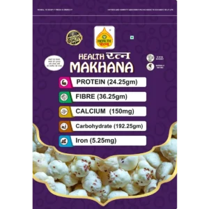 250gm pouch of Health Ratna Raw Makhana pouch displaying nutritional information, including protein, fiber, calcium, carbohydrate, and iron content.