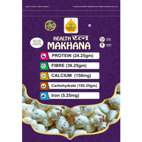 250gm pouch of Health Ratna Raw Makhana pouch displaying nutritional information, including protein, fiber, calcium, carbohydrate, and iron content.