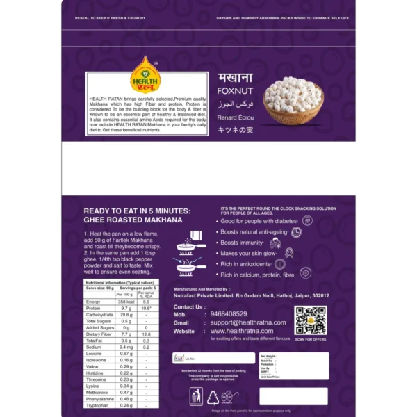 Health Ratan Raw Makhana pouch featuring nutritional information, preparation instructions, and health benefits.