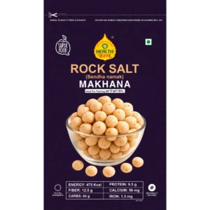 A resealable pack of Health Ratna Rock Salt Roasted Makhana, a superfood ideal for fasting, featuring nutritional benefits and packaging details