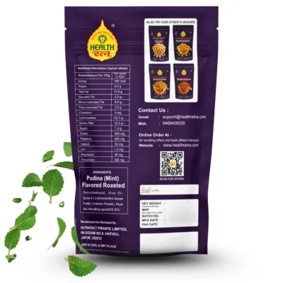 Pudina(Mint)-flavored roasted makhana pack with nutritional facts and ingredients