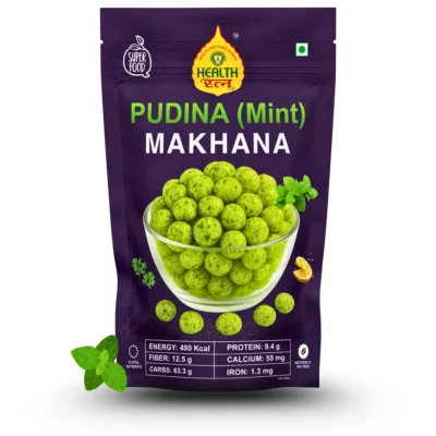Pudina (Mint) Roasted Makhana (Fox Nut) packaging featuring nutritional details, ingredients, and refreshing mint flavor