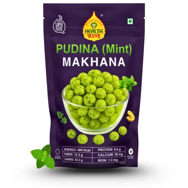 Pudina (Mint) Roasted Makhana (Fox Nut) packaging featuring nutritional details, ingredients, and refreshing mint flavor