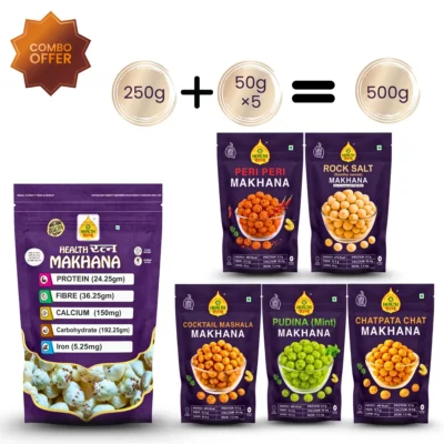 Health Ratna Makhana Combo Pack Of 01 Raw Phool Makhana (250g) & 05 Pack Of Flavored Roasted makhana - Peri Peri, Mint(Pudina), Chatpata Chat, Cocktail, Rock Salt (50g each pack)