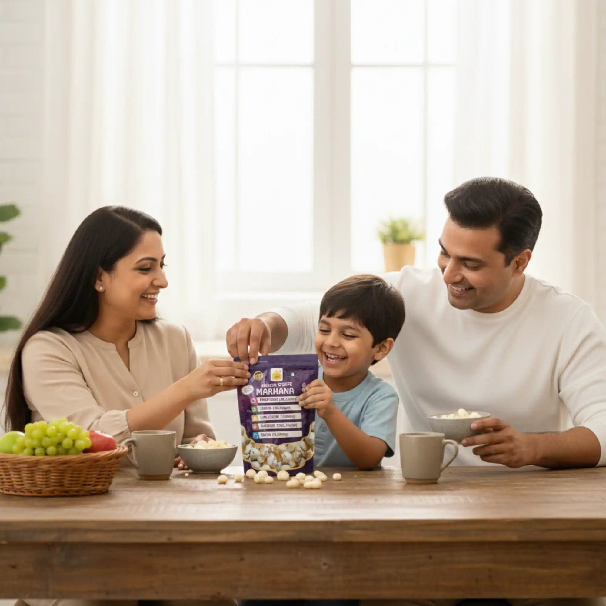 A happy Indian family sitting at a wooden dining table sharing a pack of Health Ratna Phool Makhana during snack time.