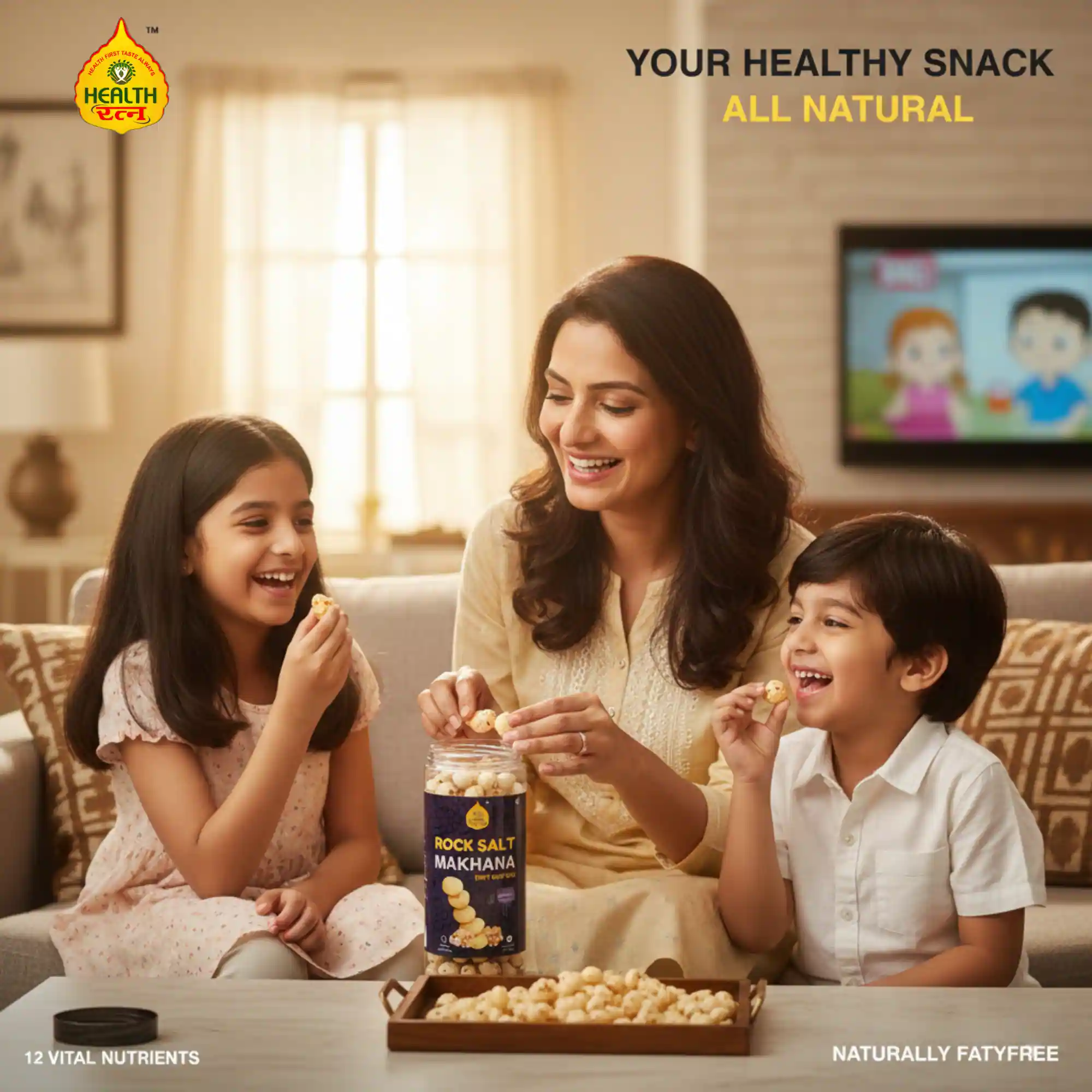 A happy family enjoying Health Ratna Rock Salt Makhana at home as an all-natural healthy snack.
