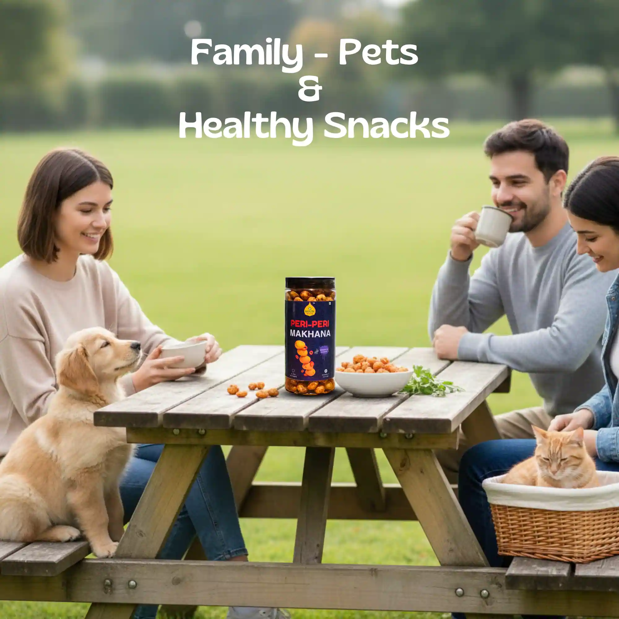 Family and pets enjoying Health Ratna Peri-Peri Makhana during an outdoor picnic