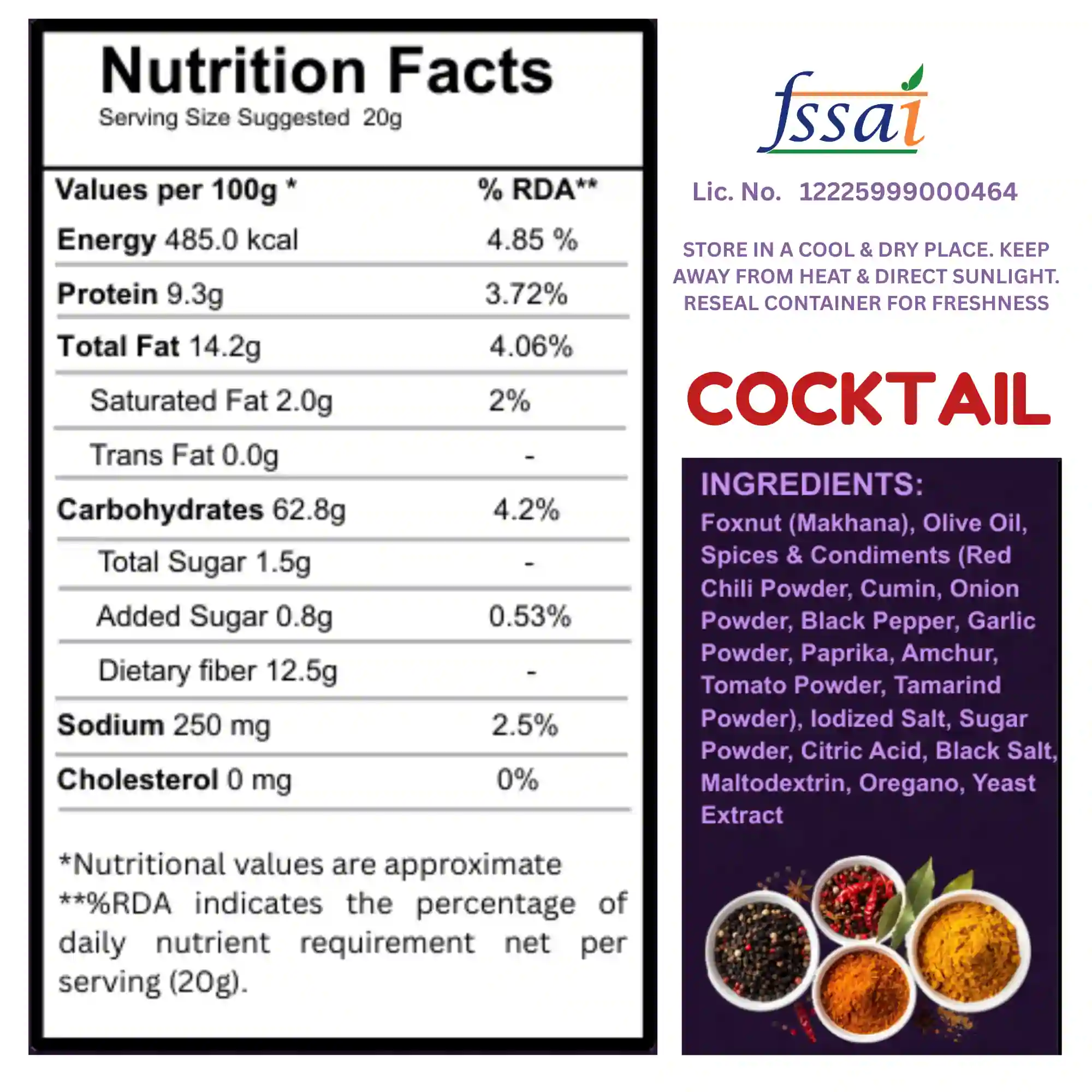 health-ratna-cocktail-makhana-nutrition-facts-ingredients-label. Detailed nutrition facts and ingredients list for Health Ratna Cocktail roasted makhana.