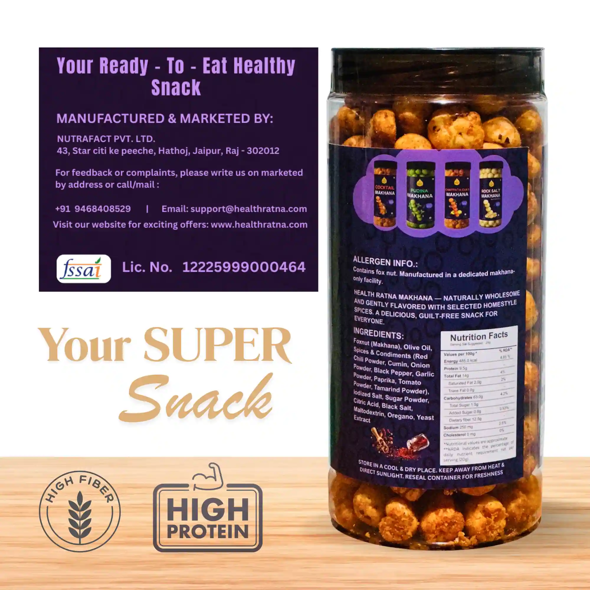 Nutritional facts and manufacturer details for Health Ratna Peri-Peri Makhana by Nutrafact Pvt Ltd.