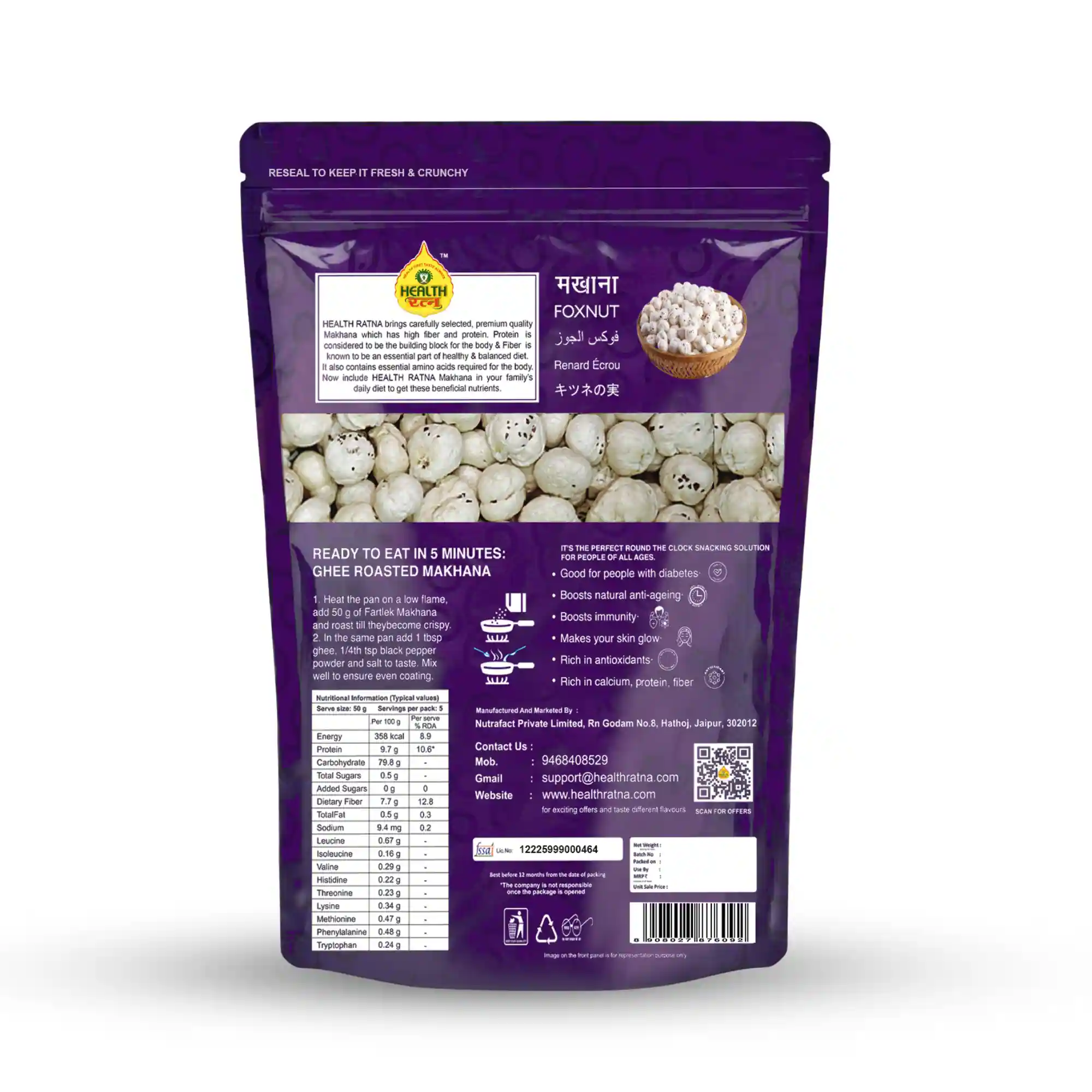 Back of Health Ratna Raw Phool Makhana packaging showing nutritional information, Ghee Roasted Makhana recipe, and manufacturer details for Nutrafact Private Limited.