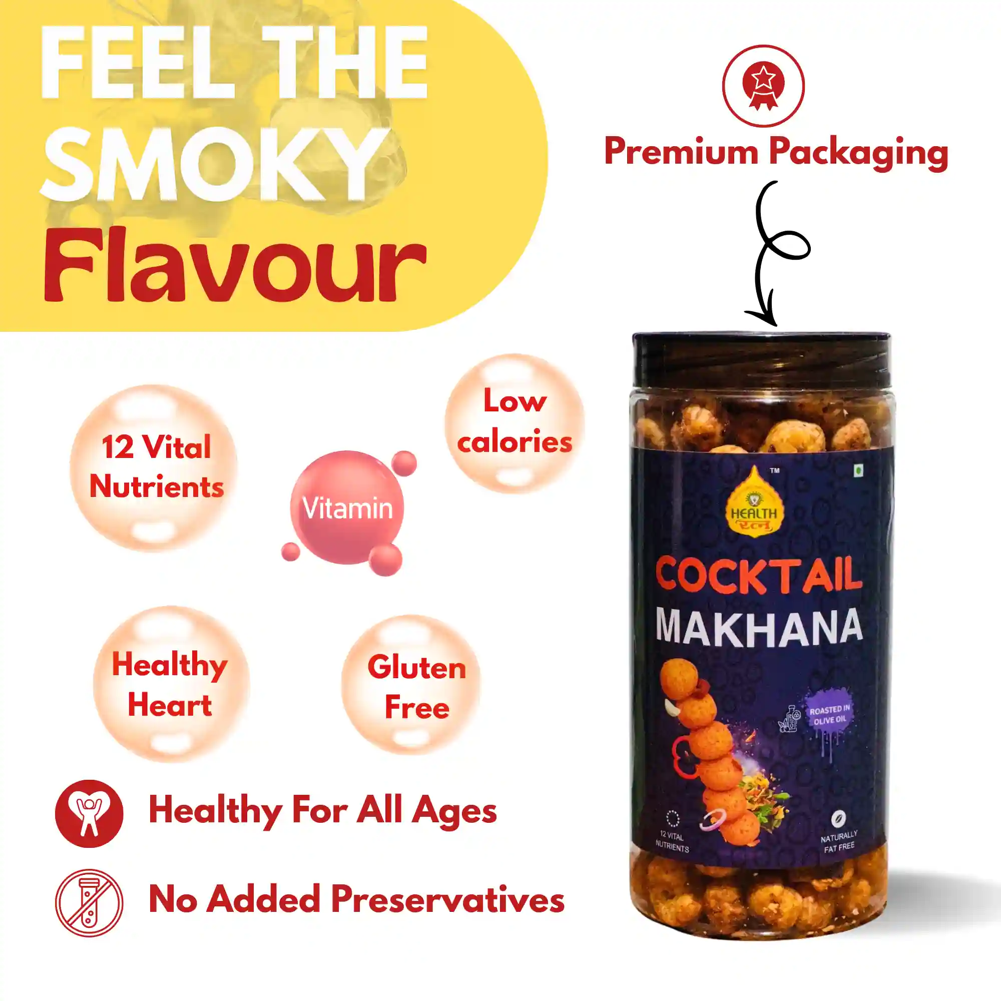 health-ratna-ocktail-makhana-smoky-flavor-benefits-infographic Health Ratna Cocktail Makhana infographic showing health benefits like gluten-free, healthy heart, and low calories.