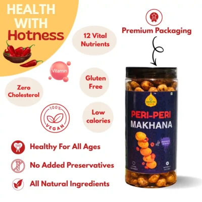 Infographic of Health Ratna Peri-Peri Makhana showing health benefits like gluten-free, zero cholesterol, and no added preservatives.