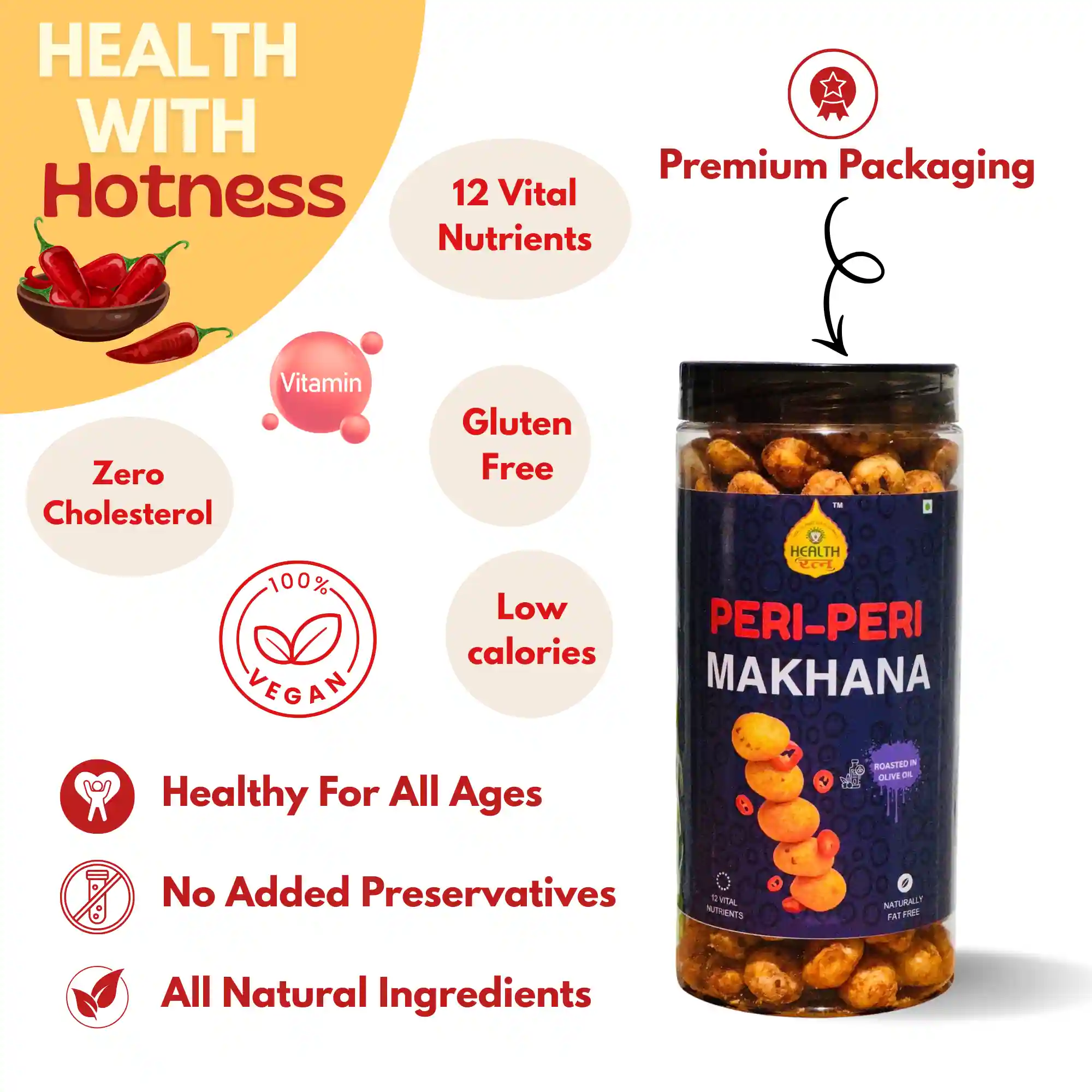 Infographic of Health Ratna Peri-Peri Makhana showing health benefits like gluten-free, zero cholesterol, and no added preservatives.