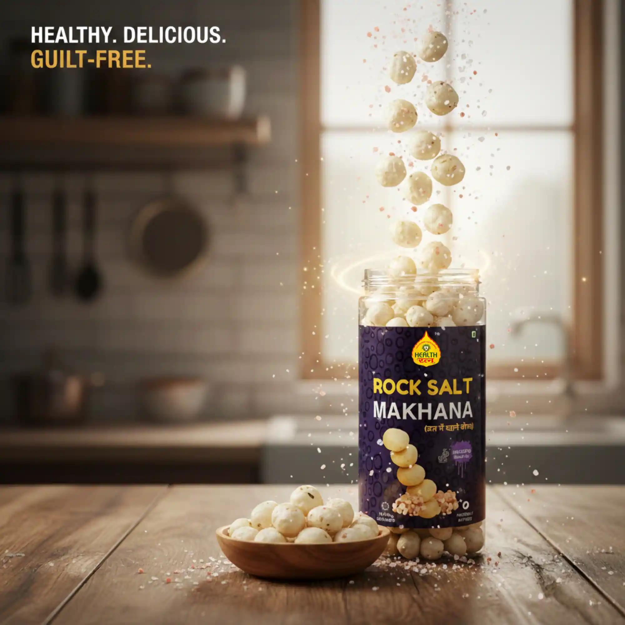 Health Ratna Rock Salt Makhana falling into a bowl on a wooden table in a kitchen setting.
