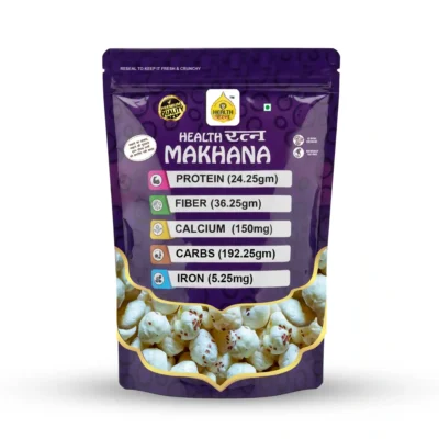 Front view of Health Ratna Raw Phool Makhana (Fox Nuts) purple resealable packaging showing nutritional values for protein, fiber, and calcium.