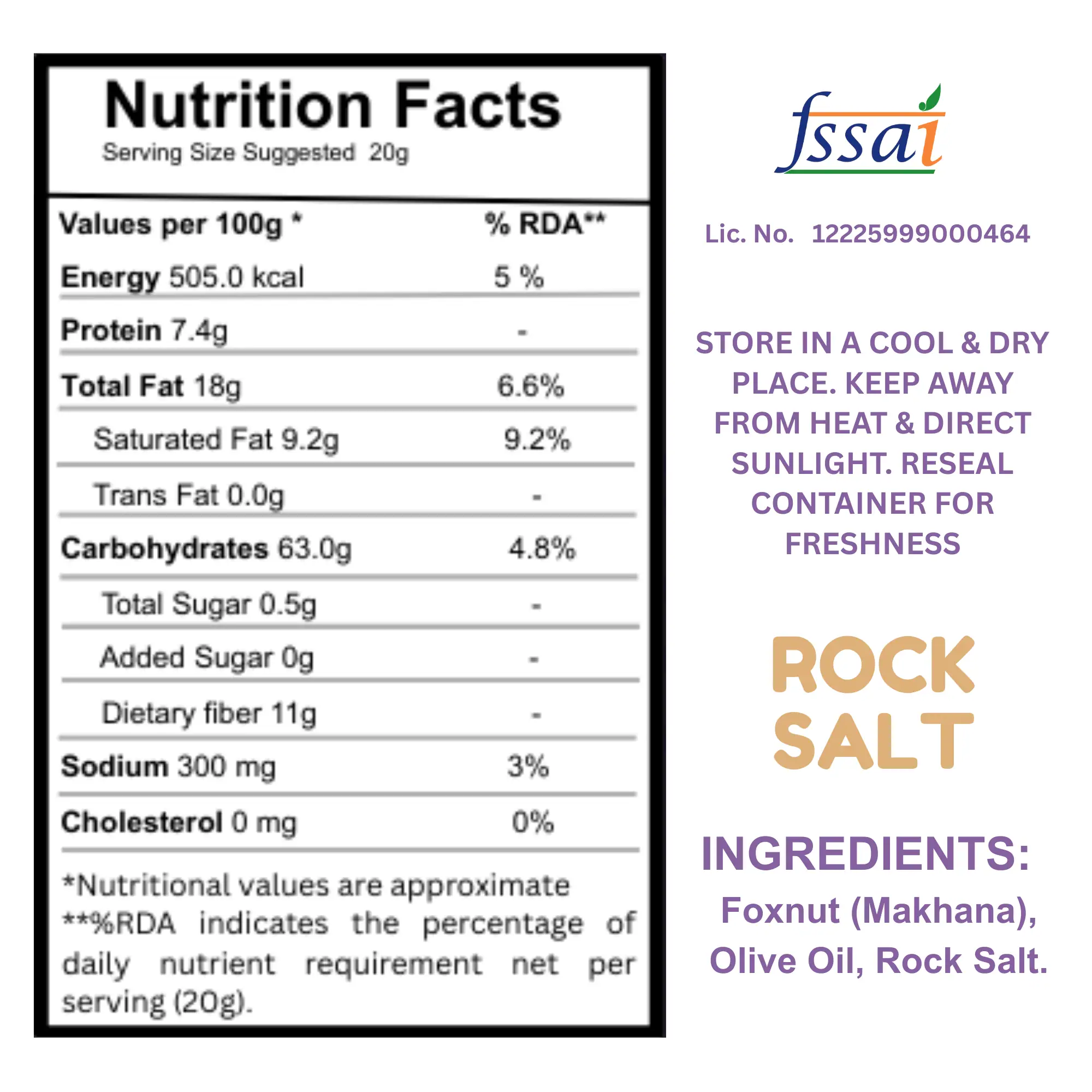 Detailed nutrition facts table and ingredient list for Health Ratna Rock Salt Makhana.