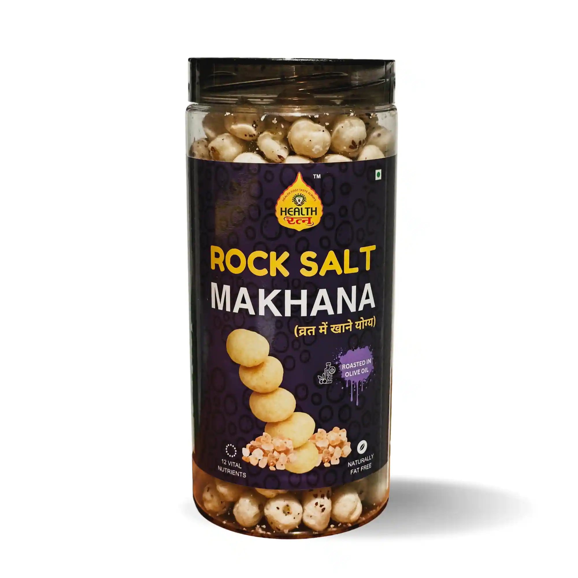 Health Ratna Rock Salt Makhana jar roasted in olive oil and suitable for fasting or Vrat.