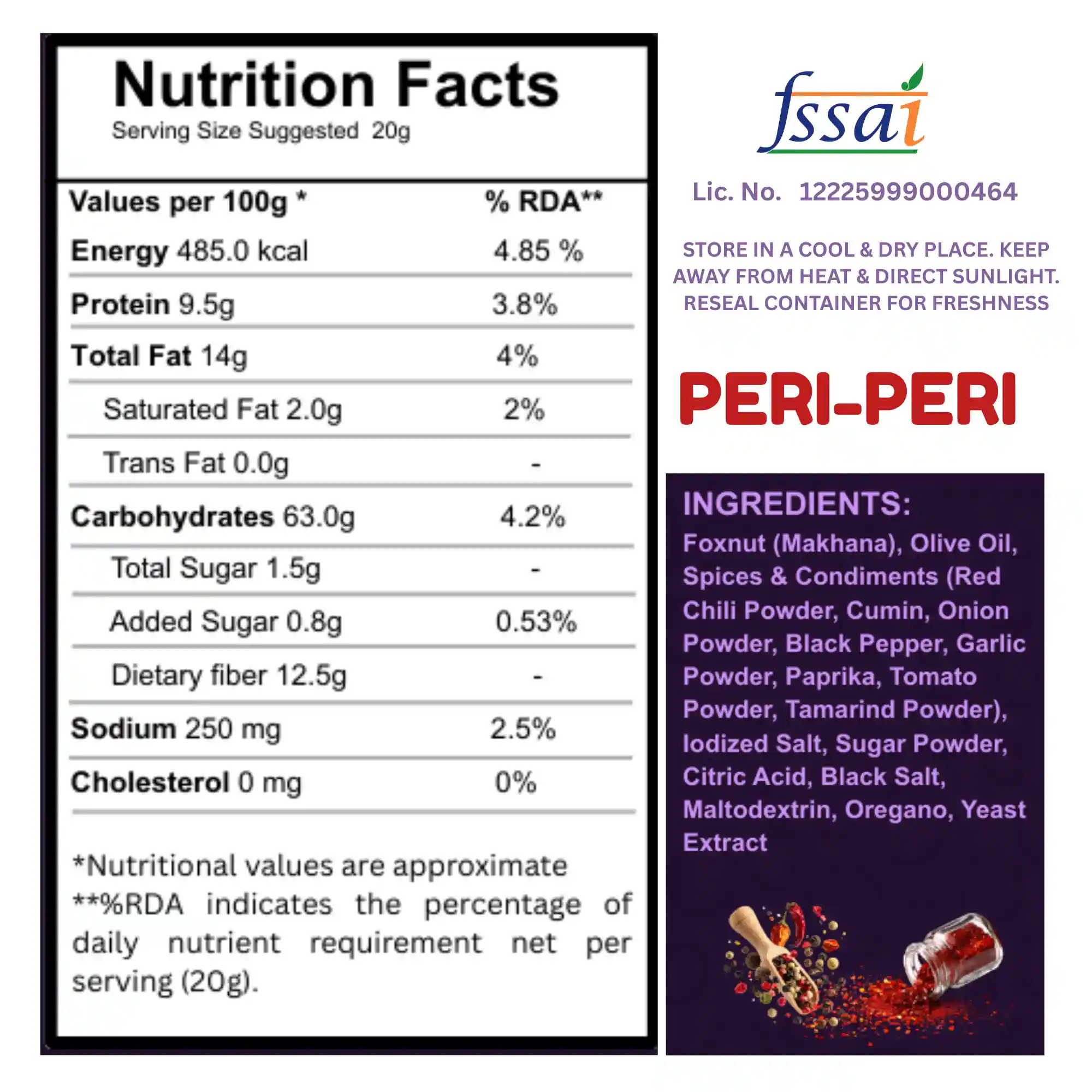 Nutritional facts table and ingredient list for Health Ratna Peri-Peri roasted makhana