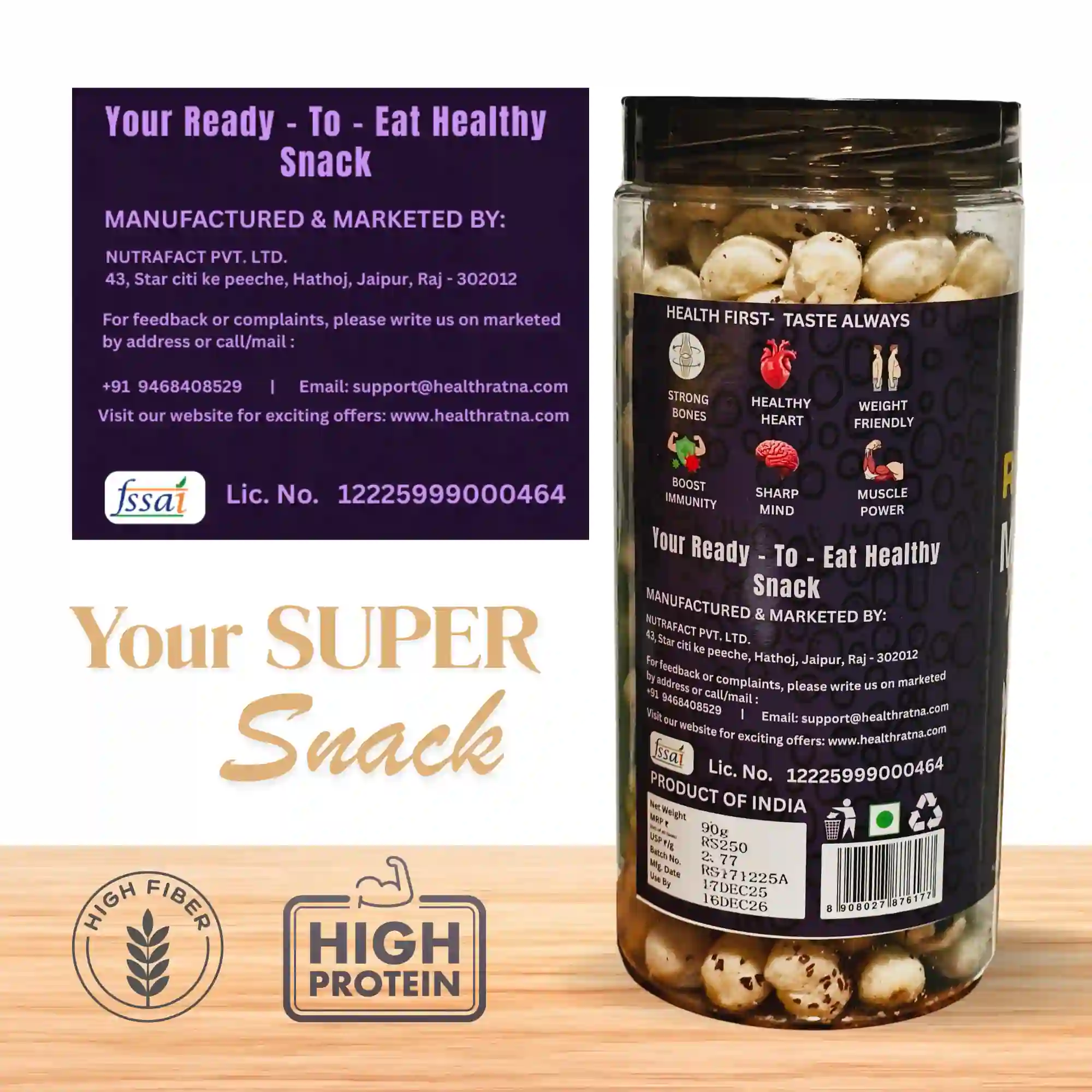 Nutrafact Pvt Ltd manufacturer details and FSSAI license for Health Ratna Rock Salt Makhana.